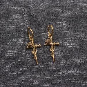 Pendientes de Aro Colgantes Personalizados para Hombre Yunnique, Acero Inoxidable 316L, Chapados en Oro, Hipoalergénicos, con Cruz de Daga Rosa, Estilo Vintage, para Regalo - Product Image 3