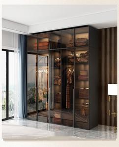 Armoire de chambre à coucher autoportante moderne en <span class=keywords><strong>bois</strong></span> ZD avec portes en verre, éclairage LED, armoire de rangement noire - Product Image 6