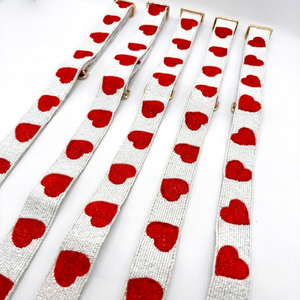 Handmade Cotton Strap with Red <b>Heart</b> Embroidery Rectangular <b>Shape</b> Gold Hooks Valentine's Day Decoration Accessory - Product Image 1