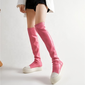 Thick Sole Shoes Stretchy Long Boots Round Toe Platform Over Knee High Flat <b>Booties</b> Women Flats Casual - Product Image 2