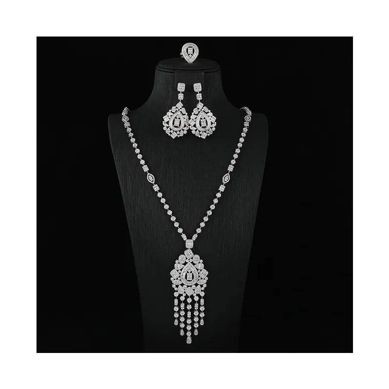 China Wholesale Dubai Ladies Long Chain Necklace Cz White Zircon Precious Stone Women Fine Jewelry Sets