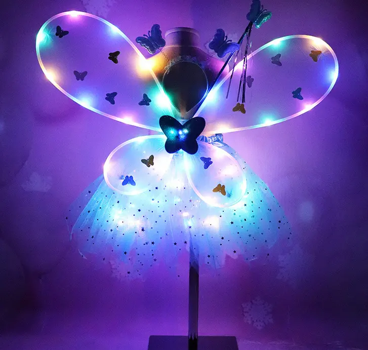 Christmas 4pcs Shining Butterfly Wings Girl Fairy Stick Party Light Dress Set For Kids
