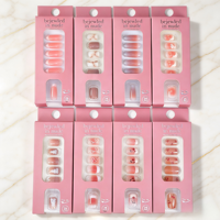Vente en gros de faux ongles personnalisés à marque privée, 24 pièces assorties, style marbre français, ombré cerise, brillants