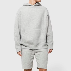 Men's Gray Hooded Sweatshirt & <b>Shorts</b> Set Solid Color Casual Wear <b>Polyester</b>\Cotton 430gsm For Sale - Product Image 3