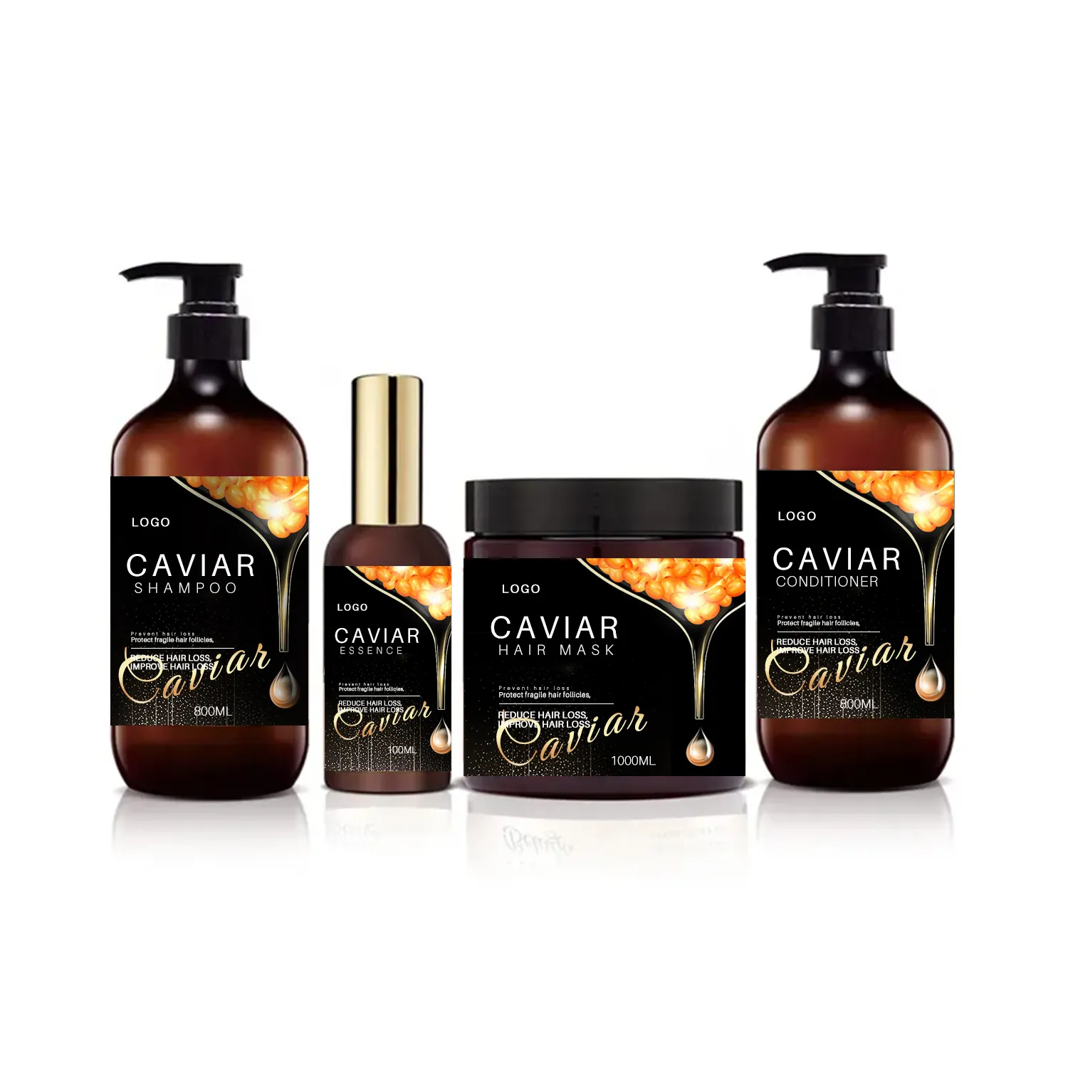 OEM 4 pezzi set ingredienti attivi firma caviale nutre in profondità capelli cuoio capelluto Shampoo balsamo olio maschera per capelli odore set duraturo