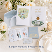 Ensemble de pochettes d'invitation de mariage de luxe personnalisées avec papier couché, carte de l'endroit du mariage en aquarelle, sceau de cire et enveloppe doublée