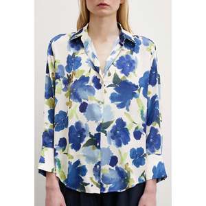 เสื้อเชิ้ตผ้าซาตินพิมพ์ลายดอกไม้สำหรับผู้หญิง ดีไซน์หรูหรา สีฟ้า สไตล์ลำลอง - Product Image 5