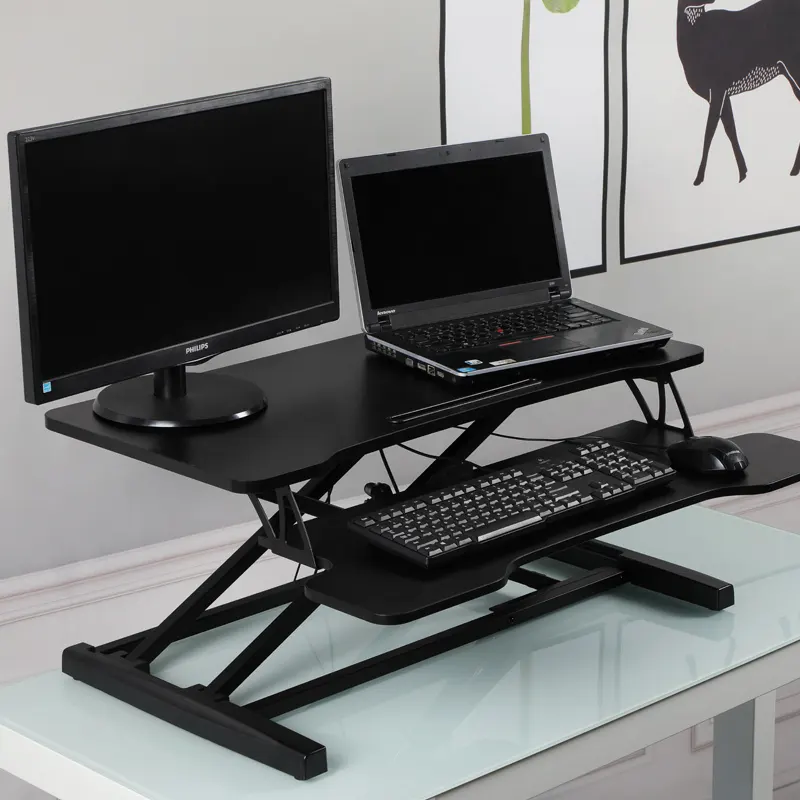 Yüksekliği ayarlanabilir masa gaz bahar X kaldırma Sit-stand iş istasyonu masası dönüştürücü ile geri çekilebilir klavye tepsisi