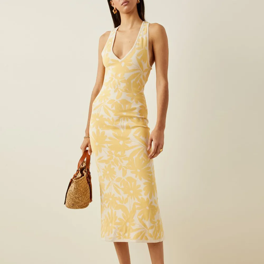 AOPU Yellow Floral Jacquard Midi Dress Custom Fashion Lady Elegant Summer Girls Casual Womens Dresses Knitting Dresses