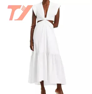 TUOYI लेडीज़ टाई नॉट कट आउट स्लीवलेस वी-नेक सुरुचिपूर्ण कैज़ुअल लंबी फैशन ड्रेस