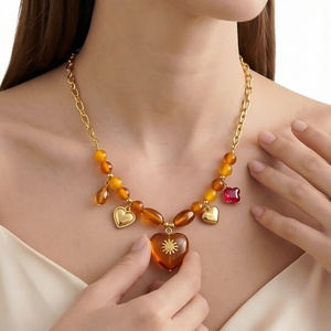 Collier pendentif cœur vintage ORIGINAL en acier inoxydable avec zircon cubique et chaîne perlée en émail, bijoux pour femme, cadeau de fête - Product Image 1