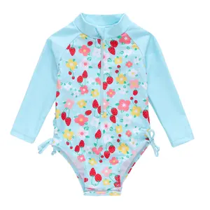 OEM ODM Fashion cute lovely baby swimwear long sleeves ruffle one piece girl kids swimsuit children designer swim wear 3M -24 M