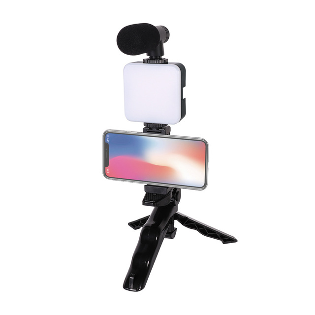 Vicsound AY-49 Portable Tripod Stand Phone Holder with Light and Microphone for Live Vlogging for Mobile Phones