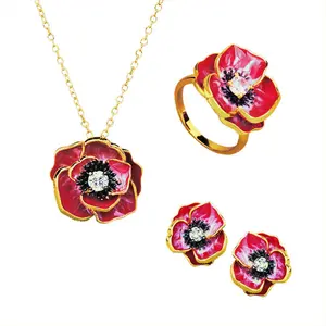 Enamel Jewelry Set Ring Necklace Earring Women's Flower Handmade Enamel Wedding Elegant Jewelry