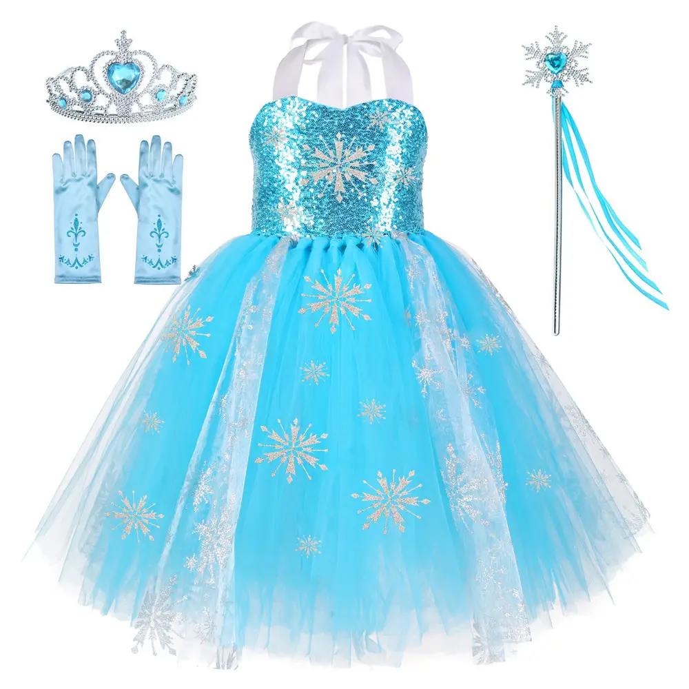 Ice queen vestidos para meninas, vestidos de princesa de elsa 2-10 anos conjuntos de festa fantasia com coroa e acessórios