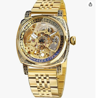 Montre mécanique automatique squelette dorée pour homme, bracelet en acier inoxydable sculpté rétro, montre-bracelet ajourée pour gentlemen