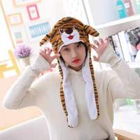 Nouveau design Chapeau en peluche LED avec animaux de dessin animé (ours, tigre, singe) mignon, avec mouvements d'oreilles et écharpe, chapeau chaud pour enfants