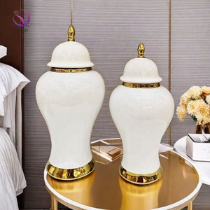 Jarrón General Blanco de Alta Gama con Tapa de Lujo Ligero Chapado en Oro Tipo Jengibre Estilo Europeo Florero de Cerámica Blanco Puro para Decoración del Hogar - Product Image 4