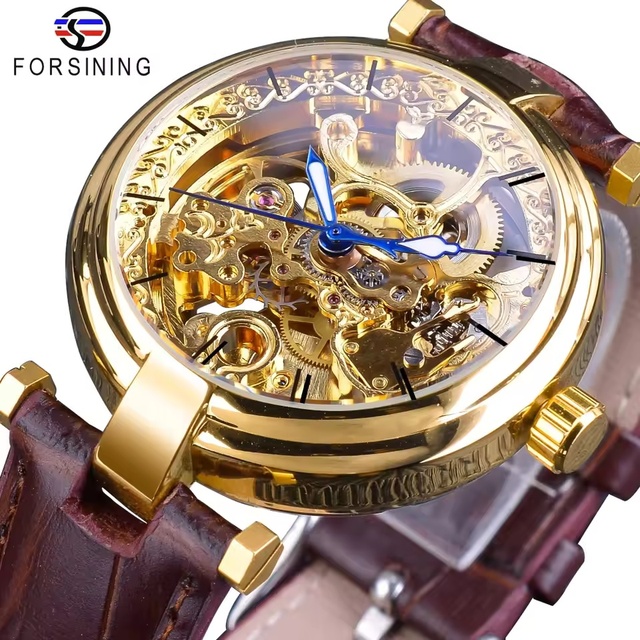 FORSINING Beijing Men's GMT1098 Automatic Self-Wind Brown Genuine Leather Watch Alloy Golden Fashion Luminous Hands Analog