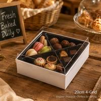 Boîte à dessert à 4 compartiments en carton PET de qualité alimentaire, design pliable pour macarons, chocolats et fruits frais, logo personnalisé disponible