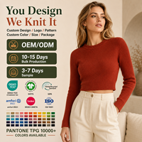 Pull court en maille côtelée pour femme, col rond, manches longues, coupe ajustée, décontracté, faible MOQ, OEM, ODM