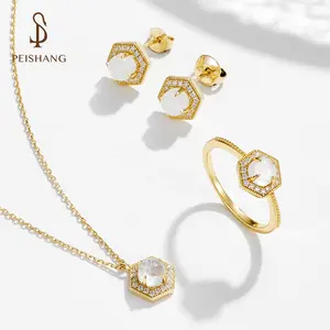 Original élégant tendance pierre de lune hexagone ensemble de bijoux fins en argent sterling 925 zircon boucle d'oreille collier bague pour femmes cadeaux