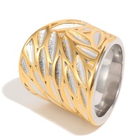 Cincin Wanita Gaya Eropa Amerika, Motif Daun, Mewah Ringan, Baja Anti Karat Lapis Emas 18K, Dua Warna Terjalin