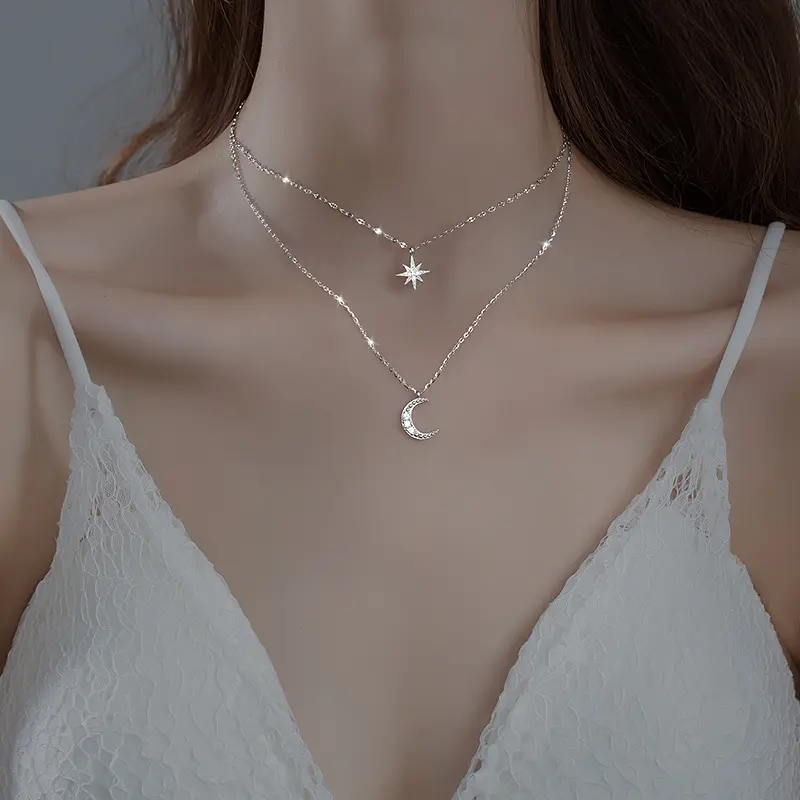 2021 Hot Sale Full Zircon Link Chain Necklace Trendy Double Layer 925 Sterling Sliver Iced Out CZ Star Moon Pendant Necklace