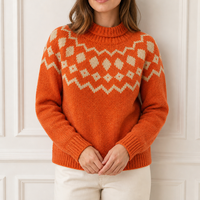 Pull en tricot Fair Isle personnalisé pour femme, col montant, orange brûlé, crème, motif losanges, usine OEM ODM