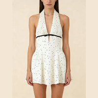 Robe Courte Femme Printemps-Automne à Col V et Taille Haute, Sans Manches, Dos Nu, Imprimé Pois de Haute Qualité