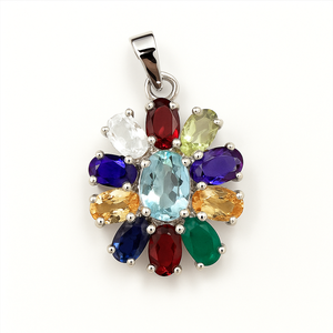 Pendentif multi-pierres rond multicolore en argent 925 plaqué rhodium, bijoux minimalistes pour femmes avec sertissage à griffes - Product Image 2