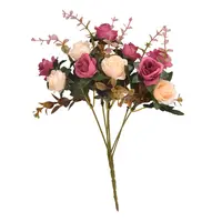 אמזון מכירה לוהטת סיטונאי מלאכותי רוז פרחים עם עלים 12 ראשי משי אדום עלה חבורה פרח