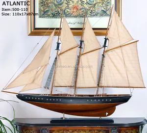 Modelo de velero de madera de 110cm de longitud, modelo de barco de vela de "Atlántico", Marrón antiguo, acabado americano, colección del hogar