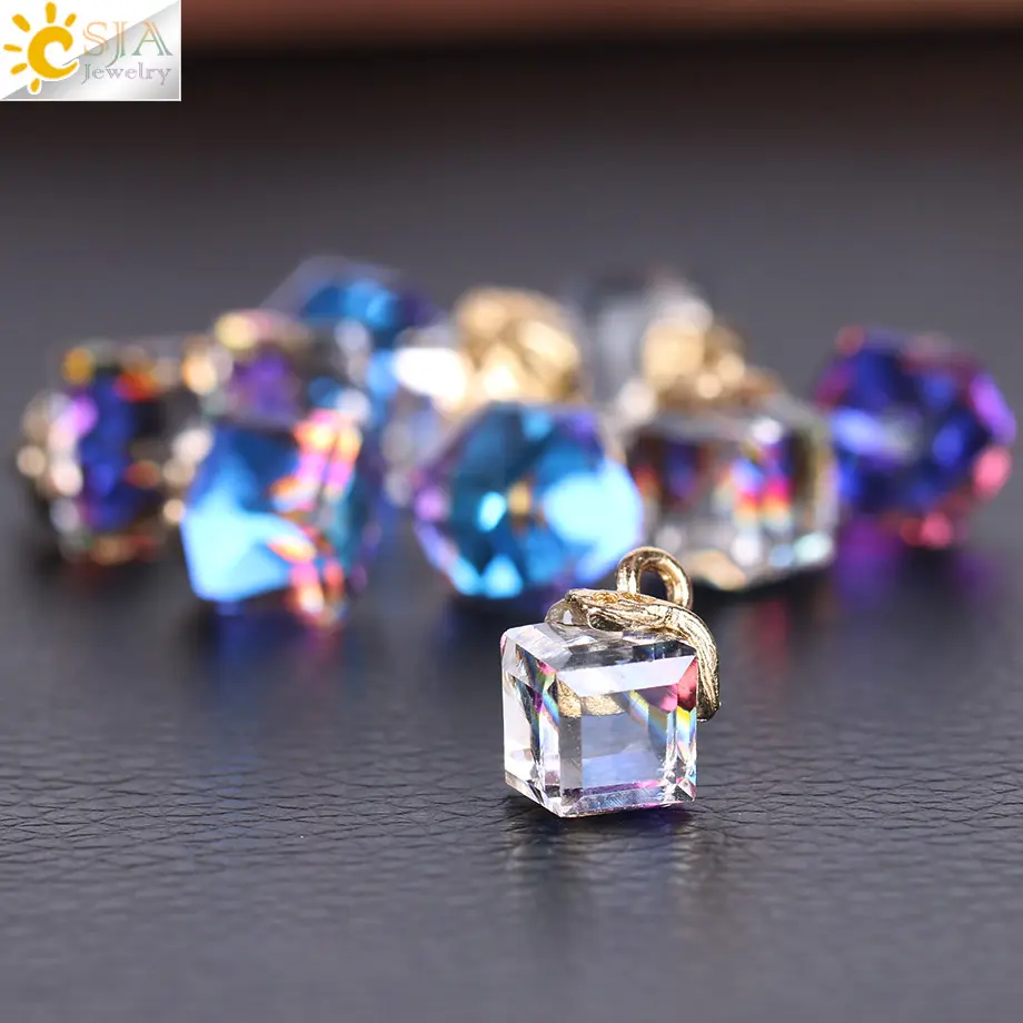CSJA Manik-manik Longgar Kaca Kubus Panas, untuk Membuat Perhiasan Bentuk Persegi 2Mm Lubang Manik-manik Kristal DIY Buatan Tangan 10Pcs F367