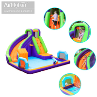 Aire de jeux intérieure avec toboggan extra large, piscine à balles, panier de basket et structure gonflable, disponible en marque privée, bleu-vert