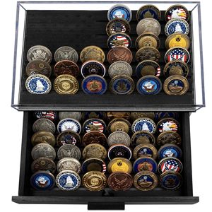 Boîte de présentation personnalisée en bois <span class=keywords><strong>pour</strong></span> 36 pièces de monnaie de défi avec couvercle transparent, 36 pièces sur le dessus et 36 dans le <span class=keywords><strong>tiroir</strong></span>, support et porte-jetons de poker - Product Image 1