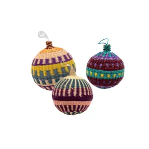 Colorful Seagrass Ball Woven Wicker Christmas Ornaments Set Of 3 Multi Color Woven Ornaments Perfect For Christmas Decor
