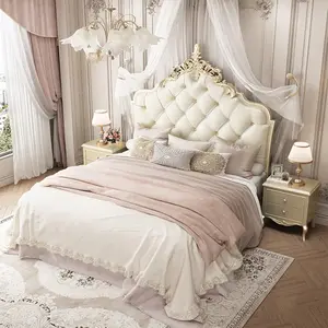 프랑스 럭셔리 로맨틱 공주 더블 침대 웨딩 킹 사이즈 침대 침실 가구 세트 덮개를 씌운 헤드 보드와 나무 프레임