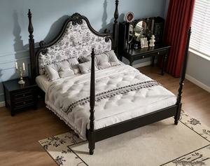 Premium Queen Size Black Wood Spindle <b>Bed</b> With Floral Upholstered Ornate Headboard For Bedroom - Product Image 4