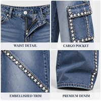 Jean cargo large en denim jacquard délavé vintage personnalisé pour femme, avec coutures incurvées et strass, idéal pour les soirées en club