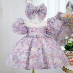 Blase Ärmel Prinzessin Abendkleider Kinder Rose Blume Kleidung Kleid Baby Mädchen Geburtstag Hochzeit Ballkleid Kleider