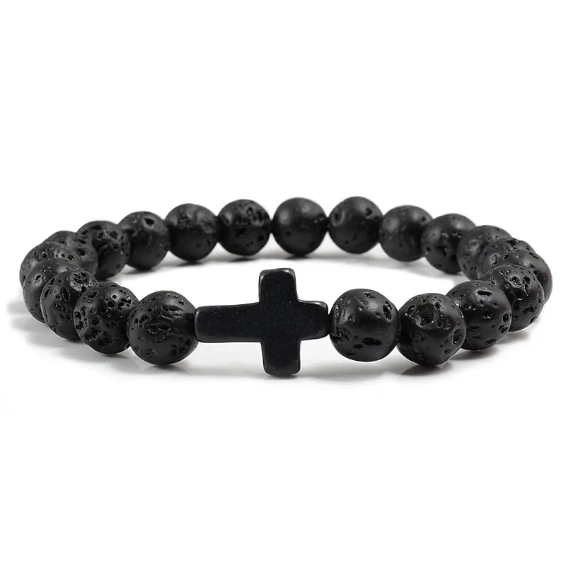 Commercio all'ingrosso 8mm croce pietra lavica agata bracciali religiosi neri Christian Stretch Stone Bead Cross bracciale