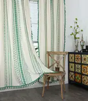 Богемные шторы из хлопка и льна, для гостиной, с геометрическим рисунком, с зелеными кисточками, для спальни