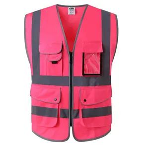 reflectorized safety vest dengan saku Suppliers-Rompi Reflektor Hi Vis Wanita, 9 Saku Kelas 2 Rompi Keselamatan Merah Muda Wanita dengan Ritsleting