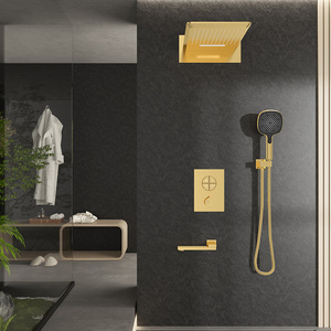 Ensemble de <span class=keywords><strong>douche</strong></span> mural encastré STOTS <span class=keywords><strong>en</strong></span> laiton gris anthracite avec jets de massage intégrés <span class=keywords><strong>et</strong></span> pulvérisation douce pour salle de bain d'hôtel - Product Image 2