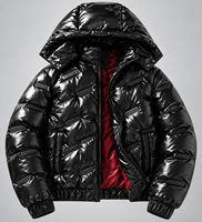 Veste matelassée à capuche brillante personnalisée pour homme avec patch logo en relief, noire, style streetwear hiver, OEM ODM