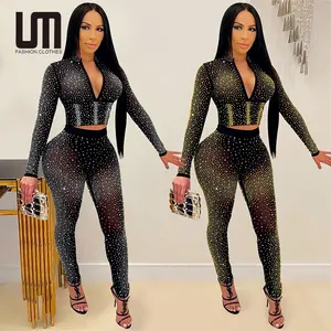Hot Selling Women Sheer Mesh Sexy Two Piece Set Rhinestone Crop Top Pants Solid Street Style Matching Outfits
