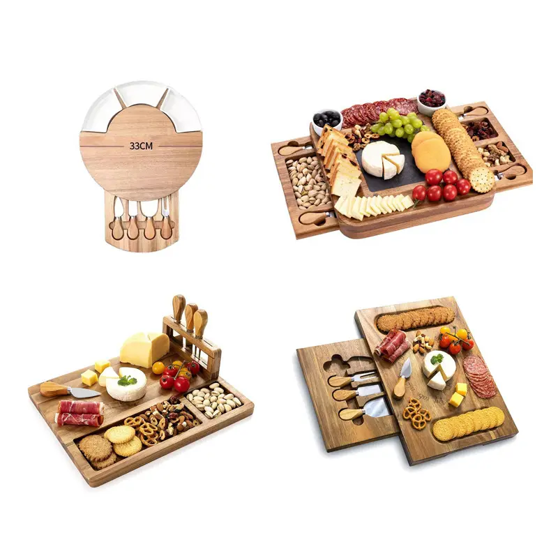 Set pisau dan papan keju kayu bambu alami, papan talenan bambu keju dan keju
