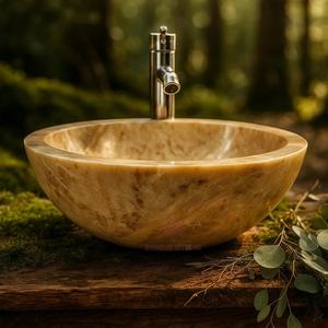 Ronde Gouden Honing Marmeren Vat Gootsteen Handgesneden Natuursteen Badkamer Ijdelheid Kom High-End Luxe - Product Image 5