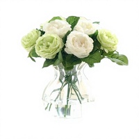 Bouquet de 9 roses artificielles en soie faites à la main, arrangement floral blanc et vert pour mariage, mariée, décoration de maison et de fête - Vente en gros